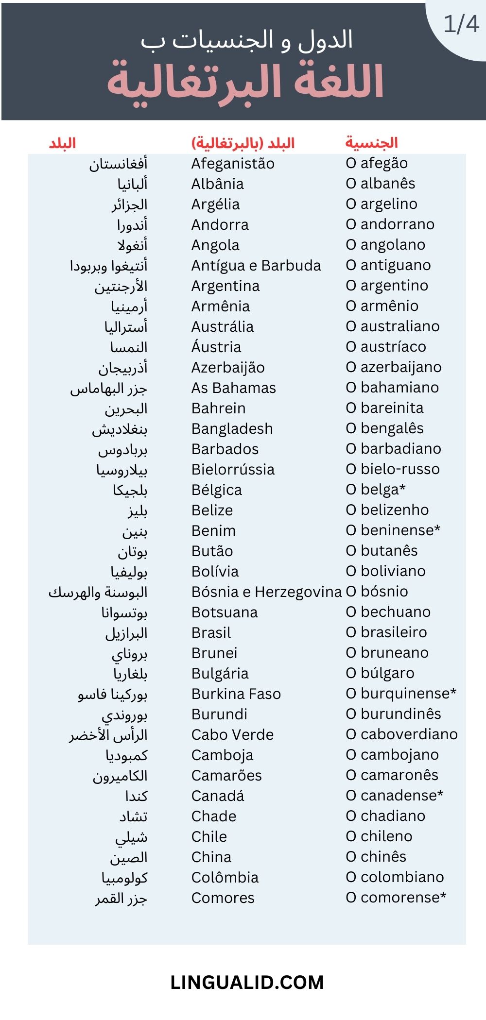 الدول و الجنسيات اللغة البرتغالية البلدان و القوميات